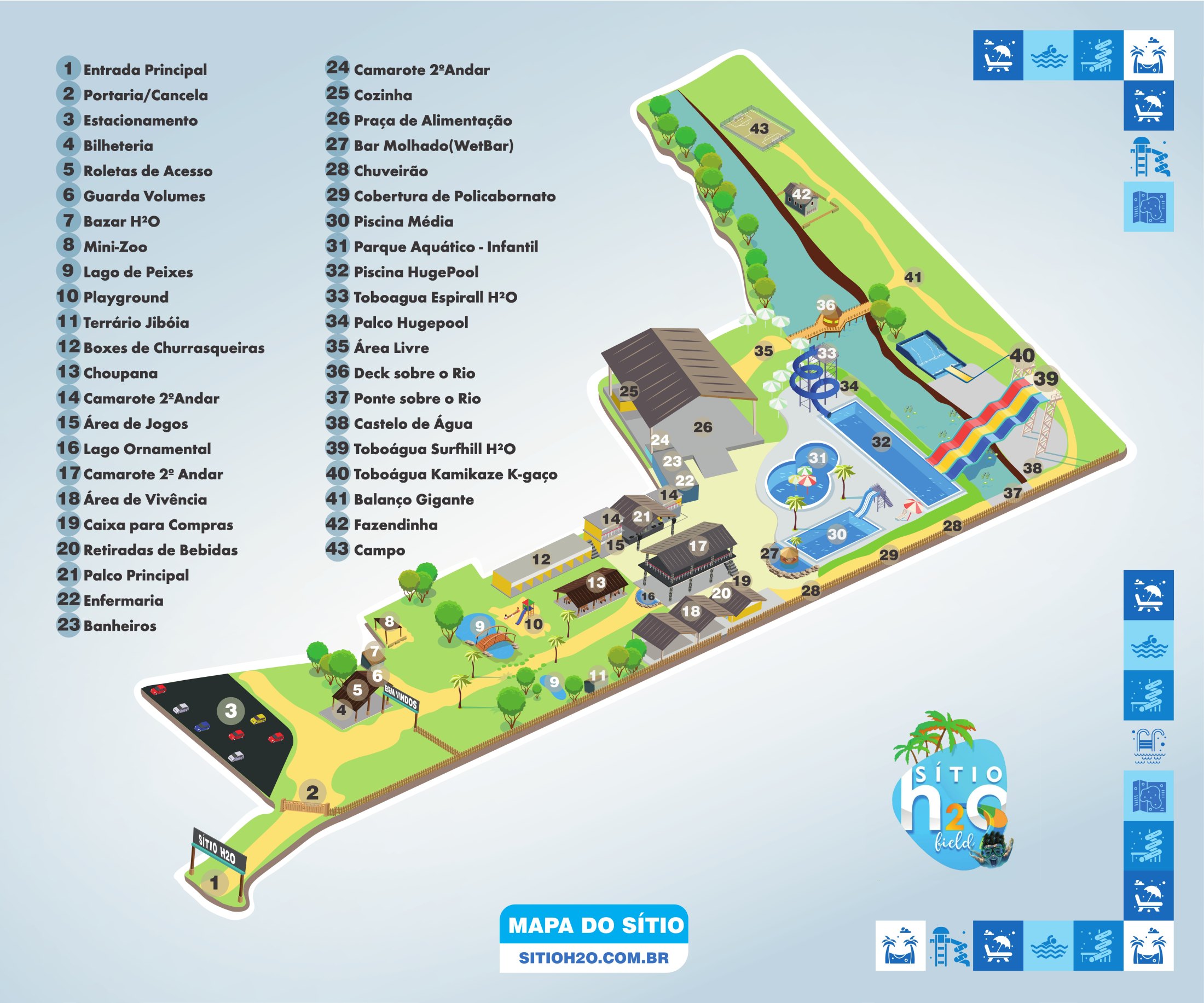 Mapa do Sítio: planta do parque com os pontos numerados